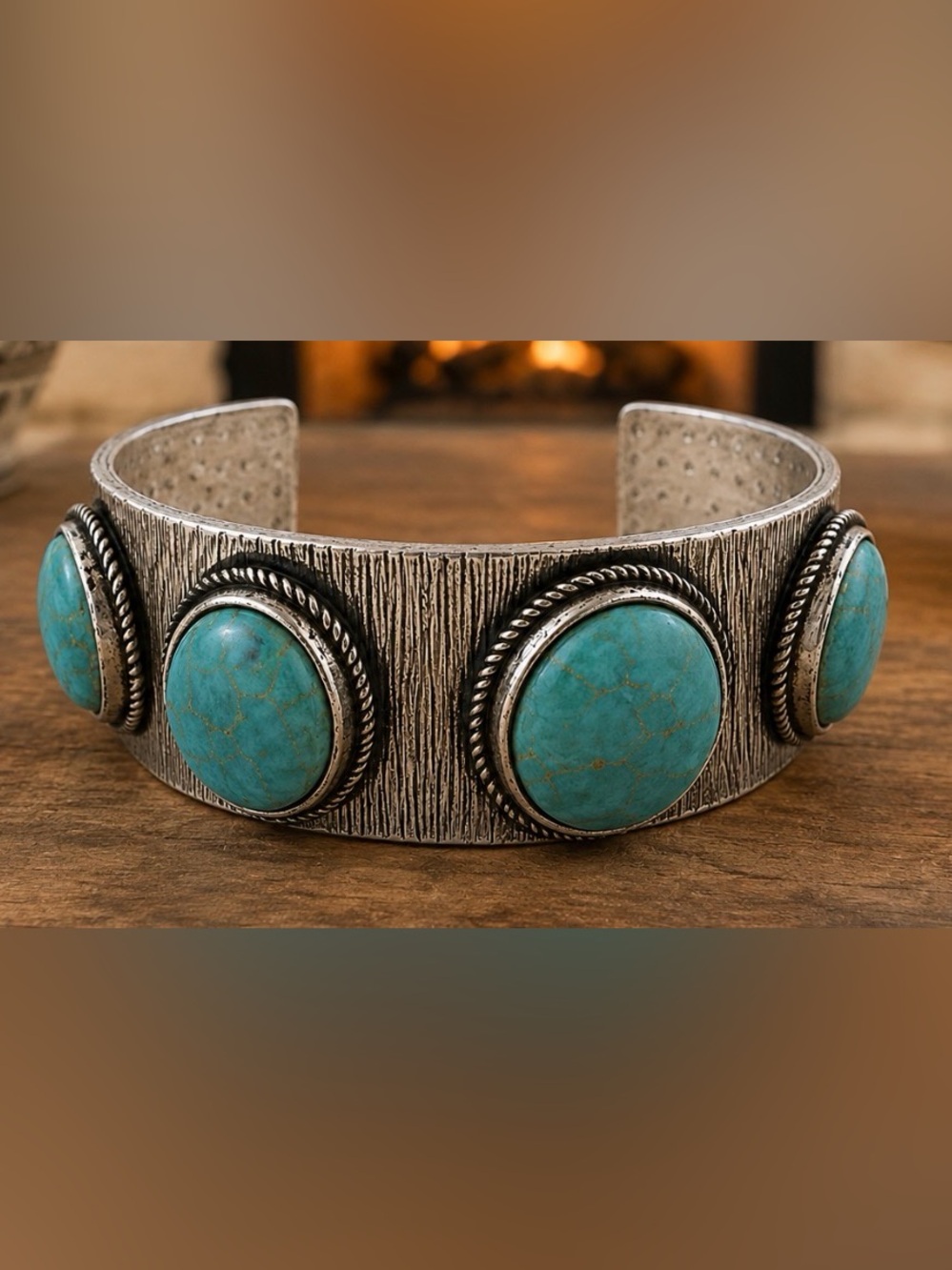 Silver Tone Turquoise Cuff Bracelet Boho Western Open Cuff Size